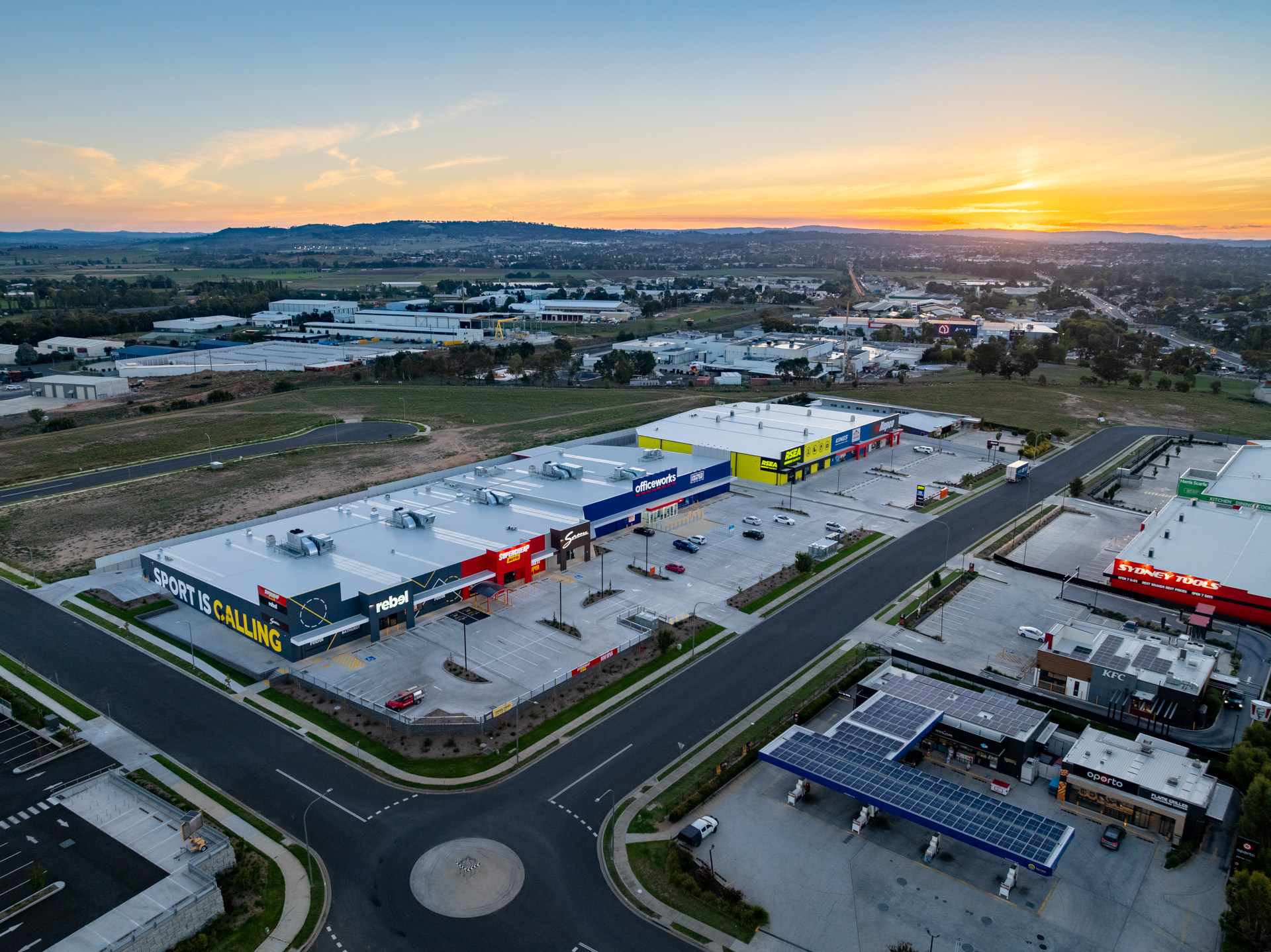 Kelso Gateway Large Format Retail SeventySix Aerial Sunset
